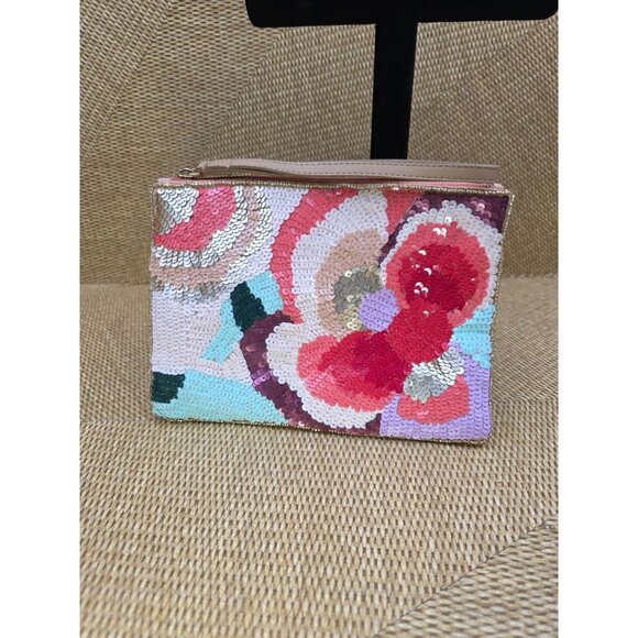LULU Floral Sequin Clutch Wristlet With Peach‎ Satin Lining & Zipper Closure - Picture 2 of 10